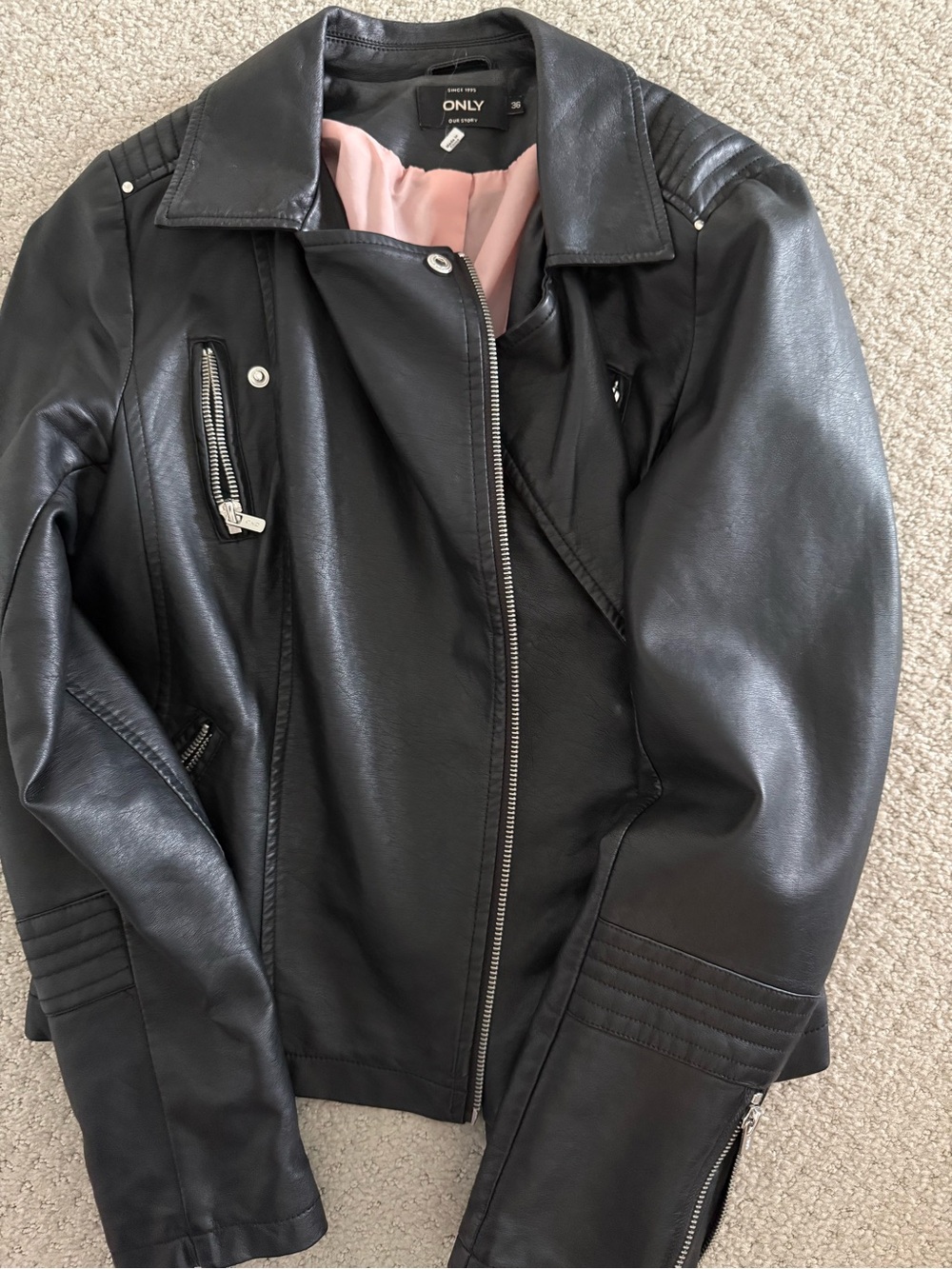 ONLY Black Faux Leather Biker Jacket with Pink Lining